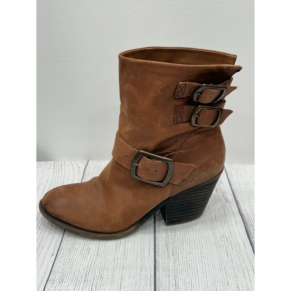 Lucky Brand Ankle Boots Womens 8M Brown Leather Buckle Strap‎ Stacked Heel